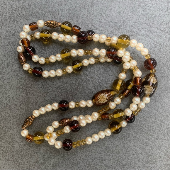 Green, Brown, & Cream Beaded Necklace - Picture 1 of 7